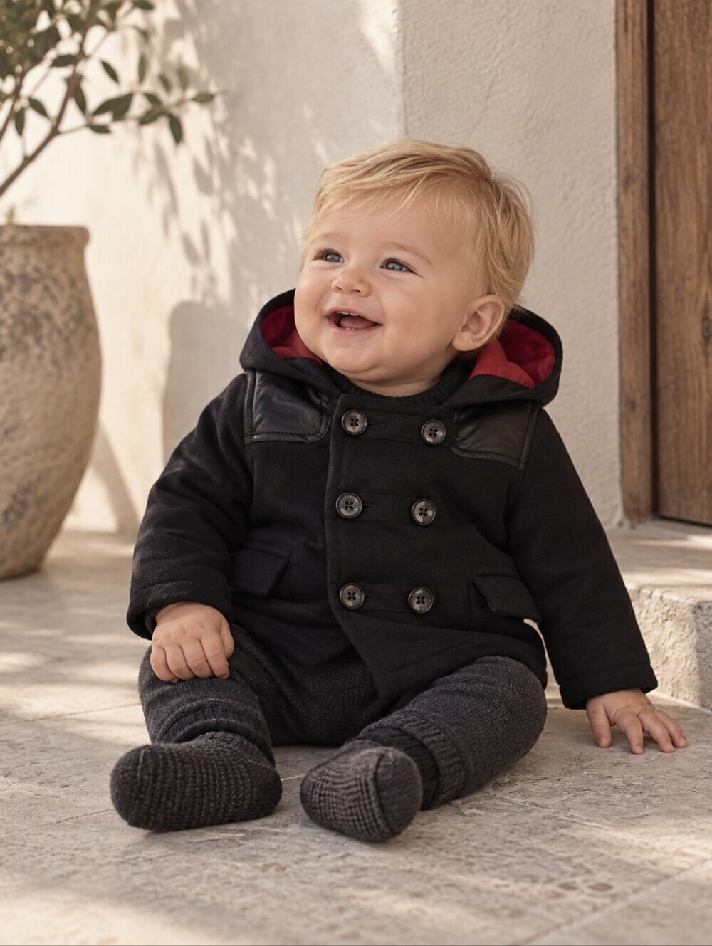 Zara Baby Black Hooded Toggle Coat 6-9M Red Lined Peacoat Jacket